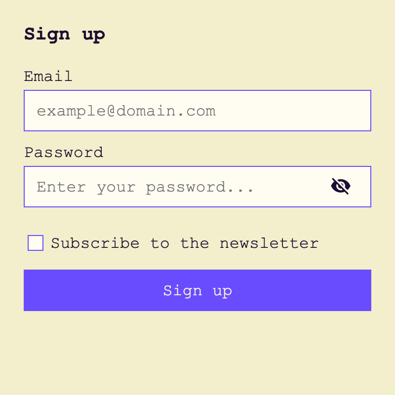 The same sign-up form rendered with the 8-bit theme