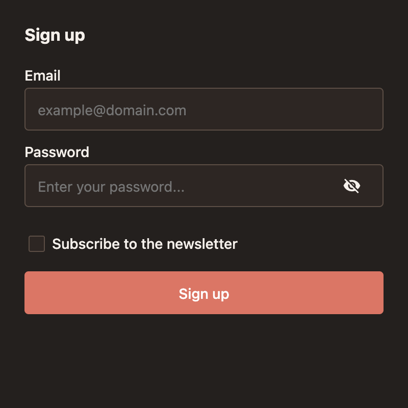 Sign-up form rendered with the clay (dark) theme