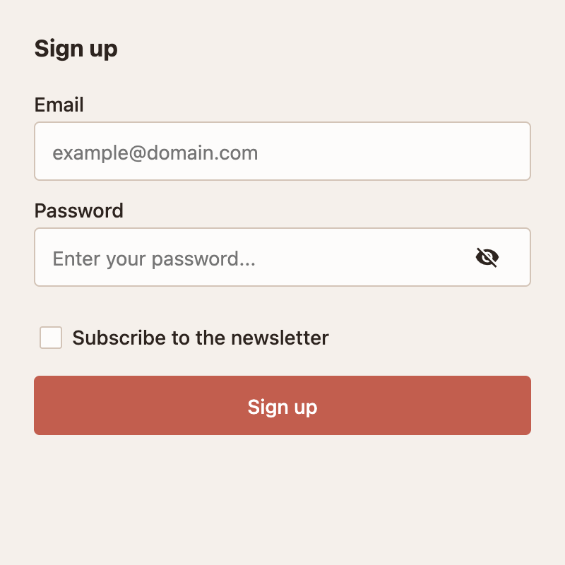 Sign-up form rendered with the clay (dark) theme