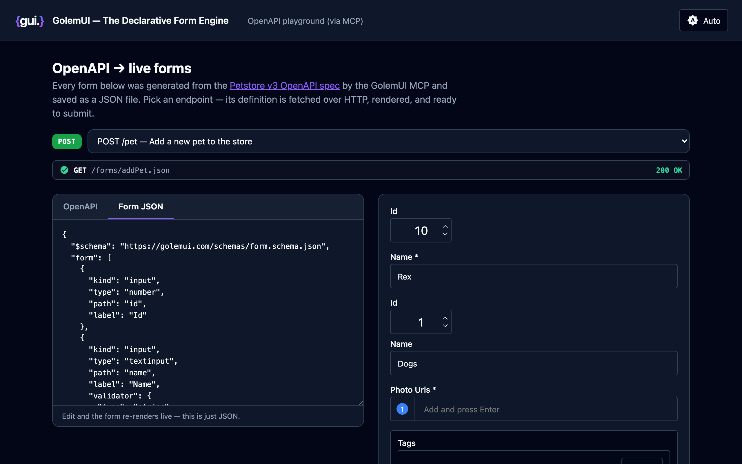 OpenAPI → Live Forms demo screenshot