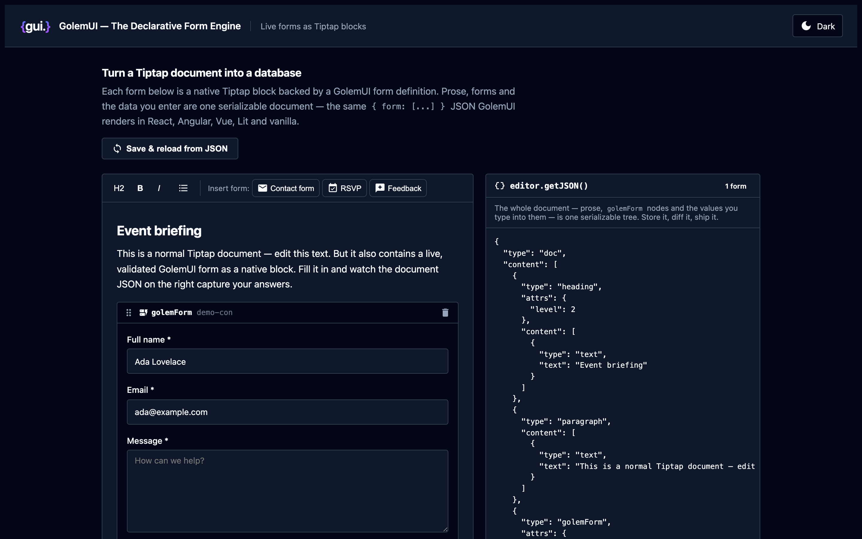 Tiptap Document → Database demo screenshot